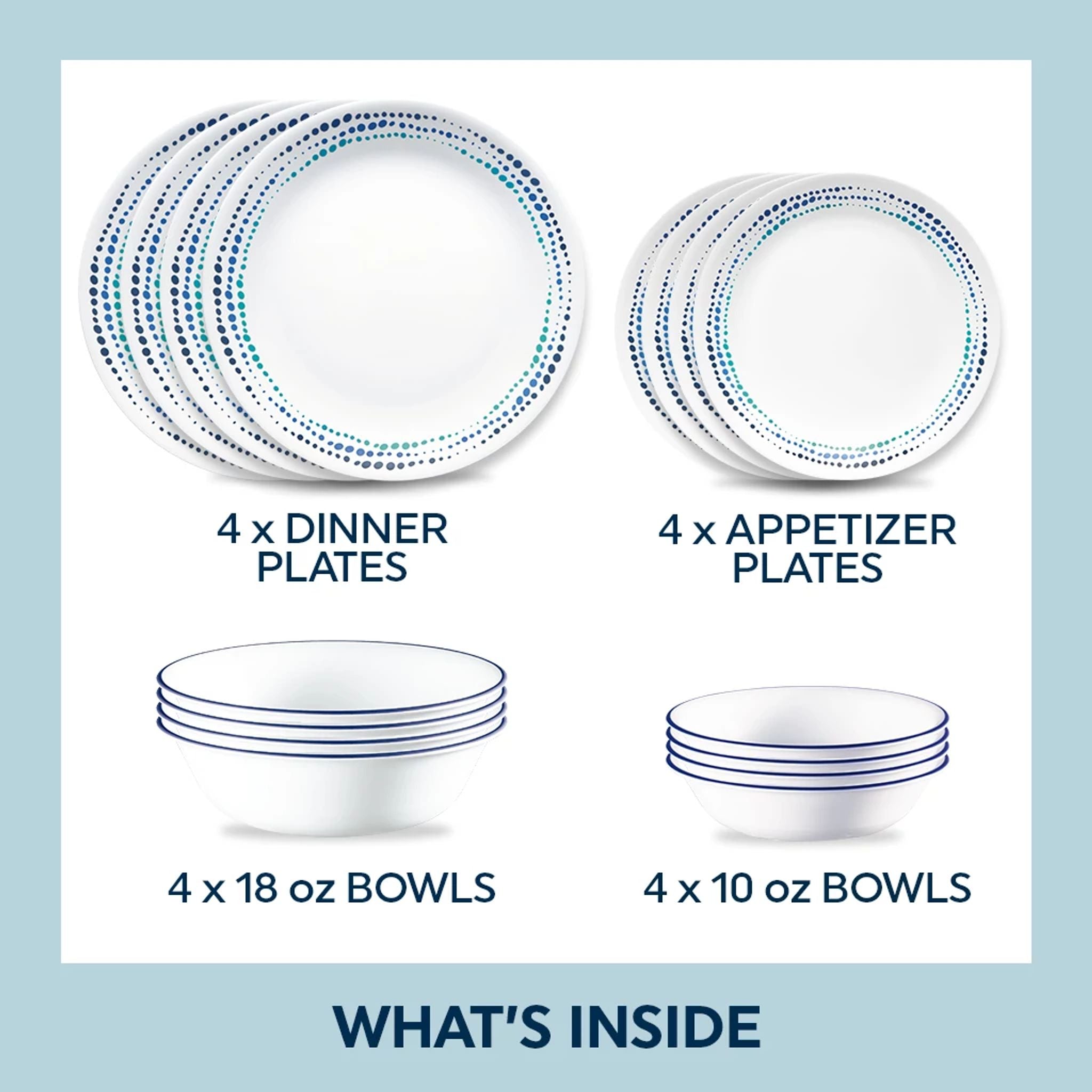 Corelle® Ocean Blues 16-piece Mugless Dinnerware Set, Service of 4